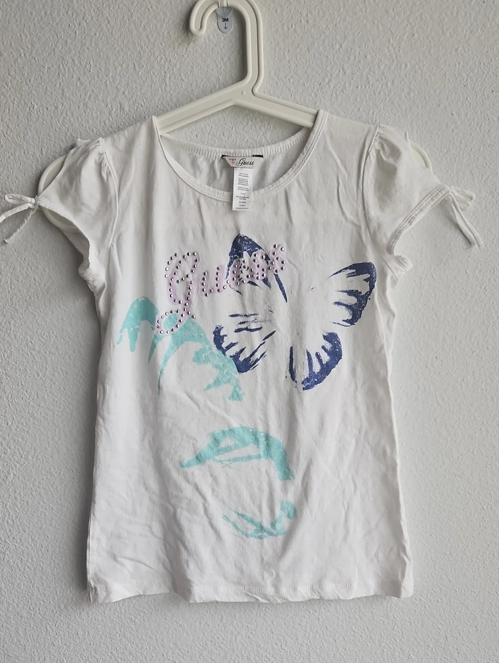 Guess White Girls' Short Sleeve Tee with Blue Butterfly & Aqua Accents 12-14